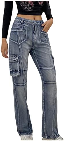 Mulheres Y2K Jeans de cintura alta 2022 Calças de carga de moda calças de jeans de perna larga e larga de rua punk com bolsos