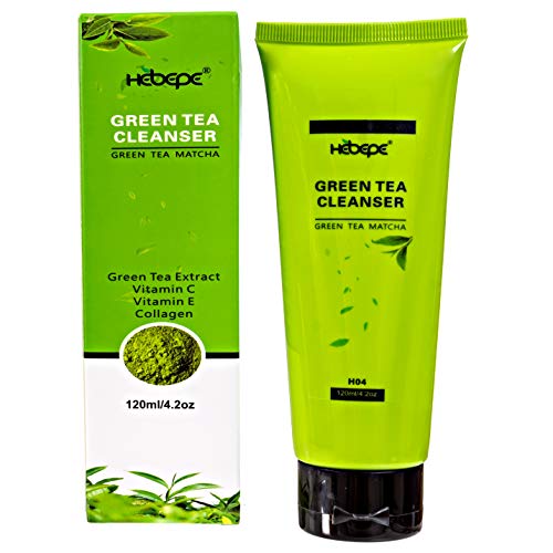 HEBEPE Green Tea Matcha Hidratante Diário Facial Cleanser, lavagem de rosto com colágeno, vitamina C, vitamina E, extrato de casca cítrica, espuma de limpeza hidratante antioxidante natural
