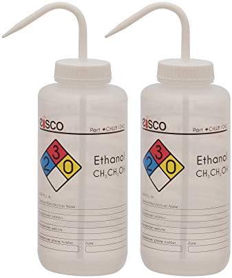 Garrafa de lavagem Eisco para etanol, 1000ml - rotulada com informações químicas e de segurança codificadas por cores - boca larga, ventilação automática, polietileno de baixa densidade - Laboratórios de Plásticos de Desempenho