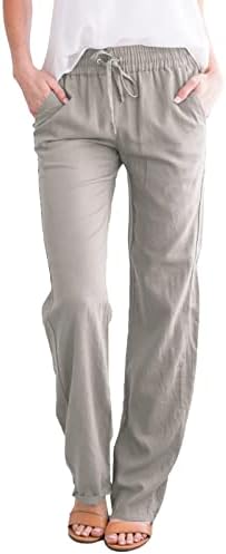 Calças de linho femininas de Kcjgikpok, calças de linho de cordão larga de perna alta alta com bolsos de ioga de bolsos