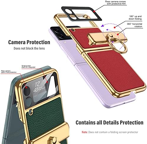 Caso Kumwum [Atualizado] para Samsung Galaxy Z Flip 3 5g Metal Ring Kickstand, Proteção da dobradiça magnética, cobertura de couro para chumbo com protetor de tela - preto
