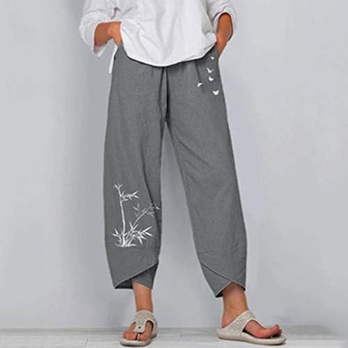 Calça de linho de algodão para mulheres flores calças mulheres calças elásticas largas casuais calças da cintura