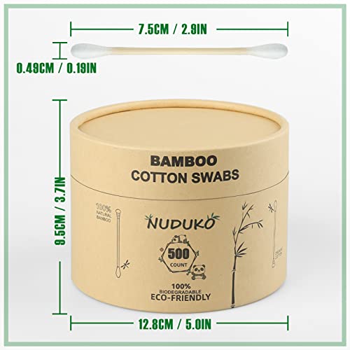 Nuduko Bamboo Cotton Swabs 500 contagem, compostável e algodão orgânico Bubs, broto de algodão de madeira biodegradável e
