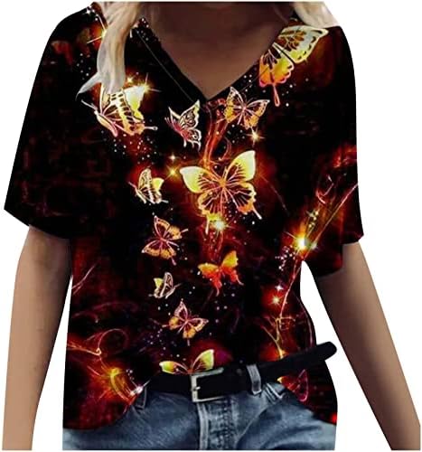 V Camise de tee de manga curta grapgic de pescoço para mulheres, tops de plus sizes