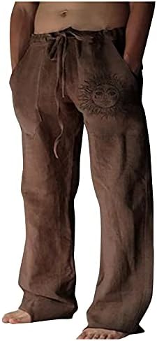 Calças de linho de algodão para homens, Sun Graphic Hippie Baggy Style Confortável respirável leve calça de ioga longa e leve