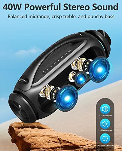 Alto -falante Bluetooth portátil NJSJ com baixo profundo, alto -falantes Bluetooth à prova d'água de 40w IPX6, alto -falante sem fio ao ar livre com luzes RGB, emparelhamento de tempo de reprodução 24h/estéreo/Power Bank/USB/aux para acampar, festa, praia