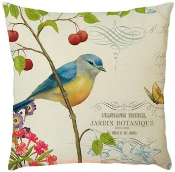 Rouihot Conjunto de 4 travesseiro de linho Tampa de travesseiro de 18x18 polegadas mola de mola vintage Birds Birds Flores