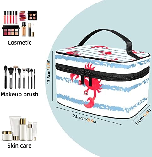 Organizador da bolsa de maquiagem de viagem, bolsa de armazenamento de higiene pessoal cosmético à prova d'água com maçaneta, bolsa de maquiagem grande para meninas adolescentes senhoras vermelhas caranguejo azul listras brancas
