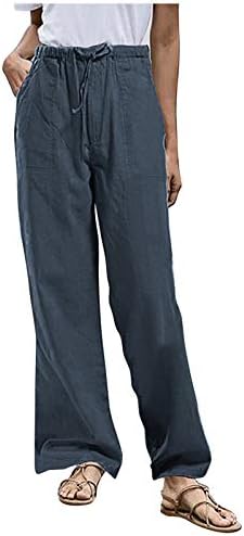 Calças de linho dsodan para mulheres calças de carga solta casual com bolso de grande tamanho de cordão largura perna larga colorida calça de cor sólida