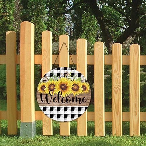 Decálmile Welcome Sign para a porta da frente girassóis rústicos Vintage Plaid Wreath Sign redonda Placa de sinal de pendura de madeira para a fazenda do quarto da varanda