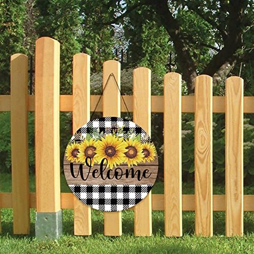 Decálmile Welcome Sign para a porta da frente girassóis rústicos Vintage Plaid Wreath Sign redonda Placa de sinal de