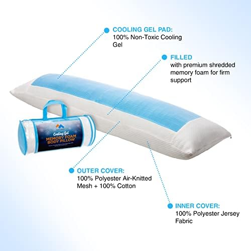 Projeto consciente Memória de resfriamento Pillow corporal - Almofada de espuma de memória ralada extra e forte, travesseiro corporal com gel de resfriamento, suporte e conforto para dormir estomacal e lateral