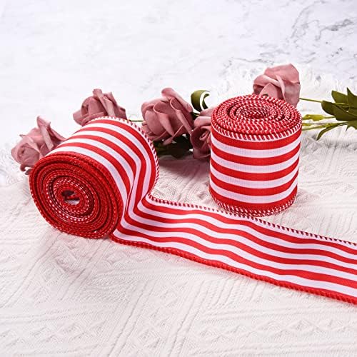 2 rolos de fita com fio listrada vermelha e branca para embrulho de presentes/artesanato/árvore de Natal/grinaldas/decorações