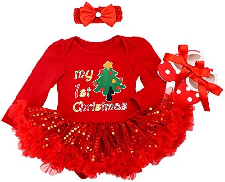 Odasdo meninas, minha primeira roupa de natal, recém -nascido infantil 1st Xmas Princess Tutu Romper Dress + Banding + Shoes 3pcs