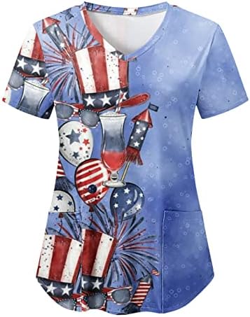 4 de julho Tshirt para Women USA FLAND SMERTRO DE MANAGEM CURTO V-SHIRT DECK V com 2 bolsos Bloups Holiday Casual Workwear