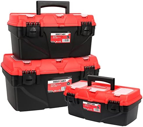 Caixa de ferramentas MaxPower Conjunto com bandejas de ferramentas removíveis, organizadores de caixas de ferramentas portáteis, 3 peças caixas de armazenamento de plástico, 13 polegadas de 15 polegadas e 17 polegadas