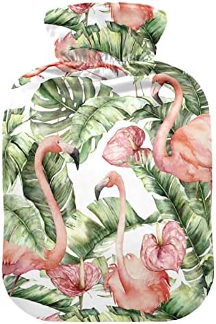 OARENCOL Tropical flamingo de água quente garrafa rosa animais verdes folhas de água morna com tampa para compressão quente e fria 1 litro