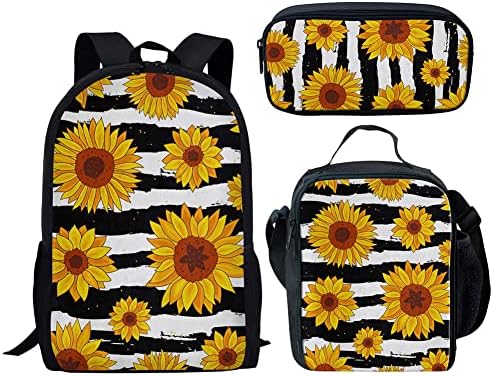 Bulopur Sunflower School Sacos 3 PCs Conjunto para meninos adolescentes meninas, listras brancas Daypack lancheira bolsa lápis para escola secundária, mochila de laptop de livro de flores amarelas