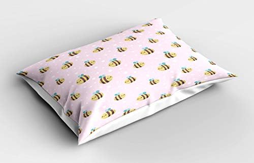 Ambesonne Pillow Pillow Sham, abelhas sorridentes repetitivas Buzz Animais alegres risam tons pastel Design, travesseiro impresso de tamanho padrão decorativo, 26 x 20, rosa pálido e multicolor