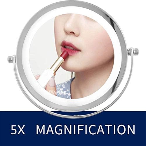 Lianxiao - Espelho de maquiagem LED LED 5X Melhorizar espelho cosmético Giragem de dupla face para hotéis de banheiro, USB recarregável