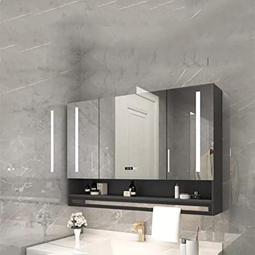 Razzum espelho armário de banheiro moderno com luzes espelhadas, armário de banheiro de parede com barra de toalhas, controle do interruptor de toque