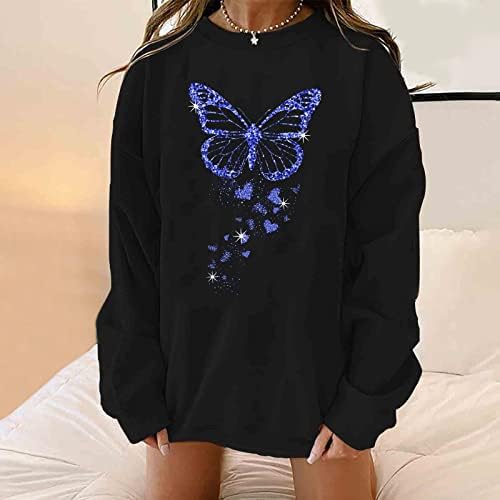 Beuu feminino casual butterfly jumpers gráficos camaradas impressão de manga longa de manga longa T Camisetas de tripulação de moletons soltos