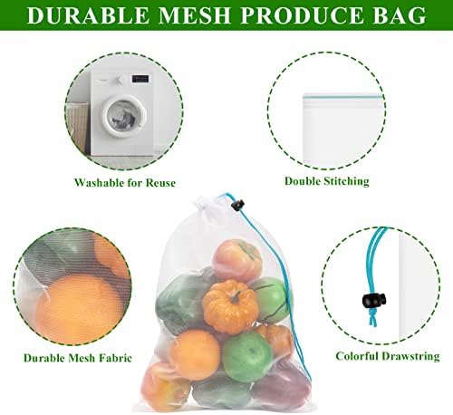 JSVSLTD Conjunto de 31 sacos de produção de malha reutilizáveis ​​- sacos de produtos laváveis ​​com cordão colorido