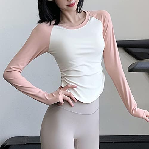 Camisas de ioga de manga longa feminina Camisas de exercícios secos rápidos que executam fitness tops casuais blusas de retalhos de colorido Slim Crop Crop