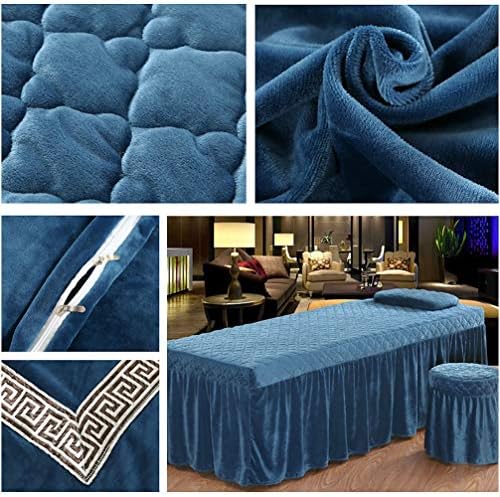 Conjuntos de lençóis de massagem de beleza de pelúcia, estilo europeu de veludo de veludo de 4 peças colcha colaborada com buraco de descanso para o rosto para massagem de spa-blue 80x190cm