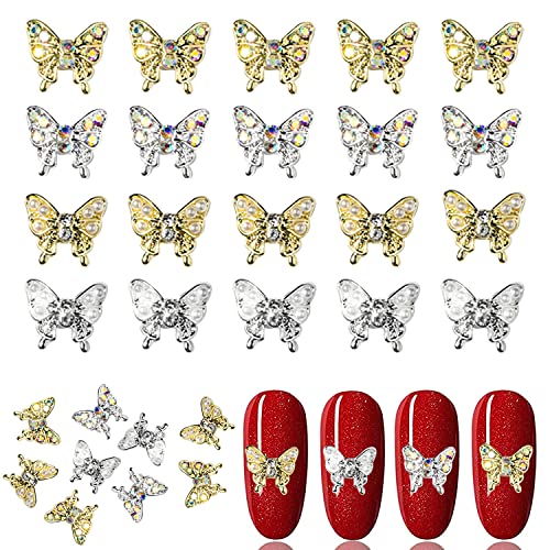 Jerclity 20 peças 3d Gold e prata Borboleta encharms com pérolas ou str strasss pregos amantes de borboletas para pregos