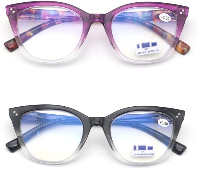 2 pares Cateye Trendy Reading Glasses for Women, Blue Blocking Computer Readers +2.5