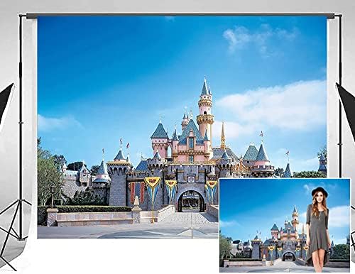 Linda cenário de castelo 7x5ft céu azul e nuvens brancas Disneyland Background, conto de fadas Princess Birthday