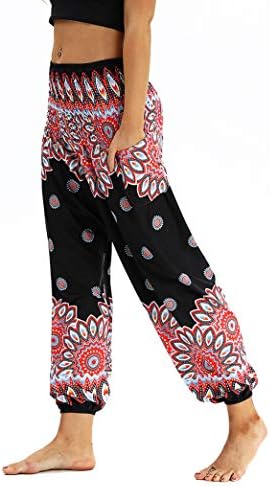 Alovey Women's Fyfy Boho Smocked Waist Harem Logo Yoga Lounge Paijama calças