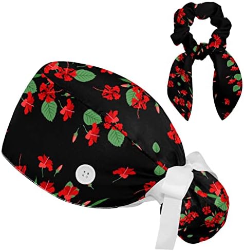 Chapéu de tampa de limpeza ajustável em flor floral preta tropical com botão, fita de suor de chapéu que trabalha com cabelos arco enraizados