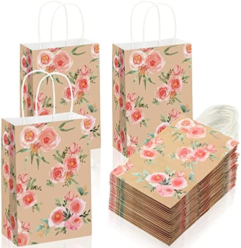 Karenhi 16 PCs Pequenos sacos de presente floral com alças sacos de papel de papel floral vintage sacos de papel kraft reutilizáveis