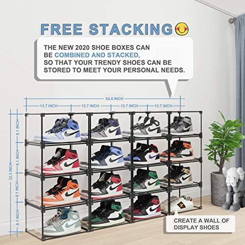 Caixa de sapatos SOGOBOX, caixa de sapatos de plástico transparente empilhável com tampas, como caixa de armazenamento de sapatos e organizador de sapatos, para tênis de exibição, recipientes de sapatos se encaixam no tamanho 13 - 4 pacote