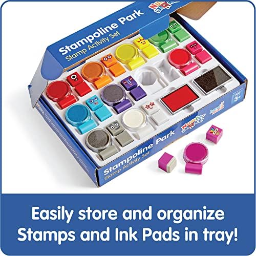 Hand2Mind NumberBlocks Sampoline Park Stamp Activity Set, 20 selos de crianças, 12 almofadas de tinta lavável, brinquedos