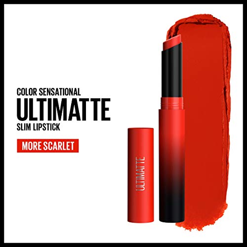 Maybelline Color Sensational Ultimatte Matte Lipstick, Pigmento de cor intenso e não secante, mais escarlate, vermelho