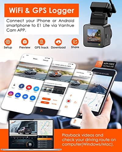 Vangurue E1 Lite 1080p WiFi Mini Dash Cam com GPS e velocidade, aplicativo gratuito, câmera de traço de carro frontal