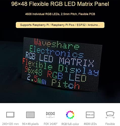 WaveShare Flexível RGB Painel de matriz LED colorido Full 96x48 4608 LEDs RGB, inclinação de 2,5 mm, brilho ajustável e PCB dobrável, compatível com Raspberry Pi / Raspberry Pi Pico / Esp32