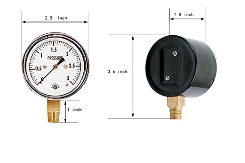 Medidor de pressão de baixa cápsula, 0-3 psi, mostrador de face 2-1/2 , montagem inferior de 1/4 de NPT, ajuste zero,