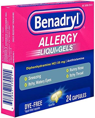 Alergia de Benadryl, géis líquidos livres de corante, pacote de 24 e líquido para alergia sem corante para crianças, HCl de difenidramina, chiclete, 4 fl. oz