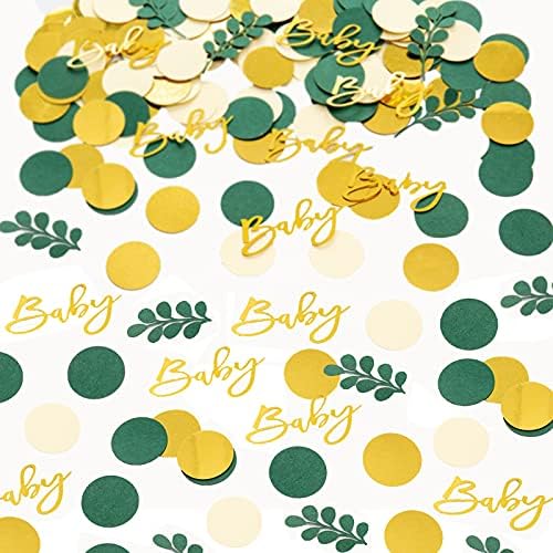 Decorações de confetes do chá de bebê Greenery - Confetes de dispersão de mesa verde sálvia com eucalipto, letra de bebê dourado,