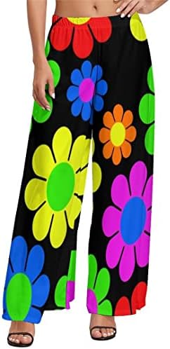 Calças de paz floral primavera na cintura alta hippie estampa brilhante calça de perna larga casual fêmea de grandes