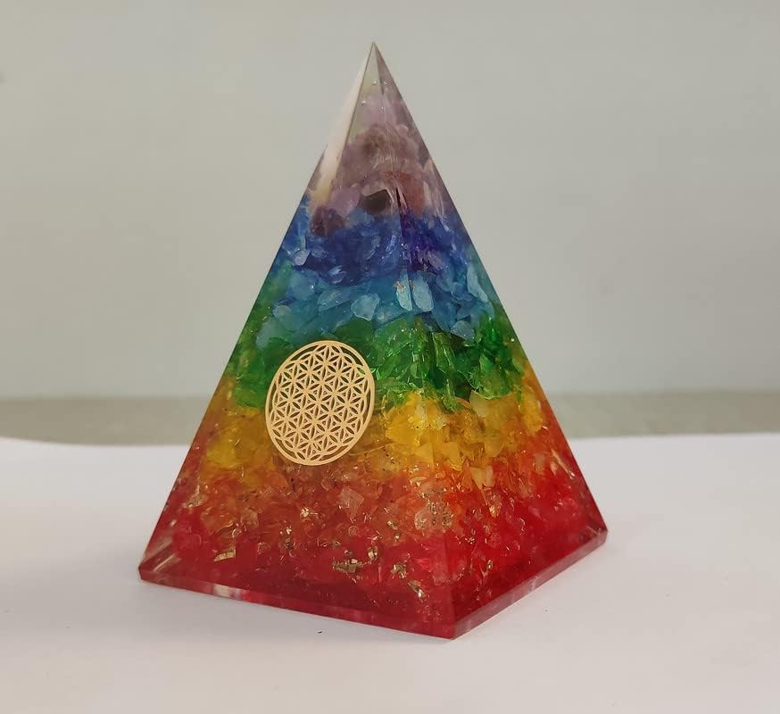 S A T A K Rainbow Chakra Cristal Pirâmide Flor da Vida Orgone Pirâmide Cura de pedra preciosa Kit Balance Chakra 50-60mm