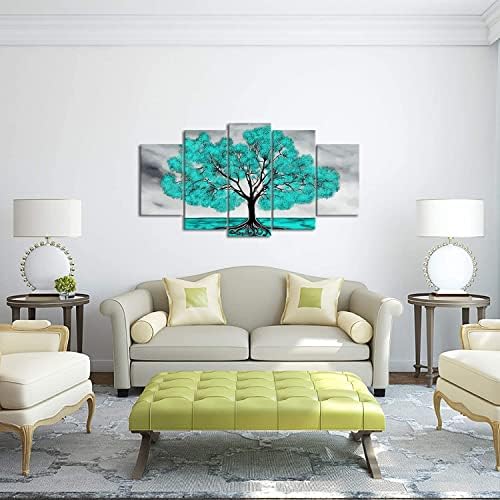 5 peças Arte de parede de lona Pintura cinza e turquesa Obra de arte de árvore para a sala de estar da fazenda da sala