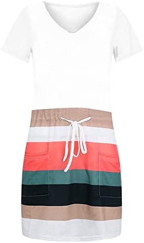 Vestido listrado de verão ruziyoog para mulheres de manga curta V Spaghetti Strap Mini Dress Dress Swing Dress com bolsos