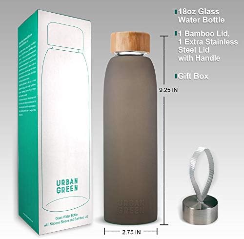 Garrafa de água de vidro com manga de silicone protetora e tampa de bambu por verde urbano, 18oz, 1extra 304 tampa de aço inoxidável