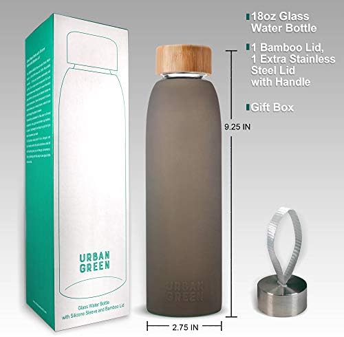 Garrafa de água de vidro com manga de silicone protetora e tampa de bambu por verde urbano, 18oz, 1extra 304 tampa de aço inoxidável com alça, bpa livre, lavadora de louça, cofre, caixa de presente, presente do dia dos pais