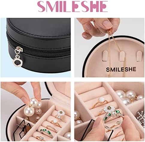 Caixa de jóias de viagem Smileshe, mini estojo de viagem de organizador portátil com zíper, caixas de armazenamento de couro PU para anéis, brincos, colares, pulseiras